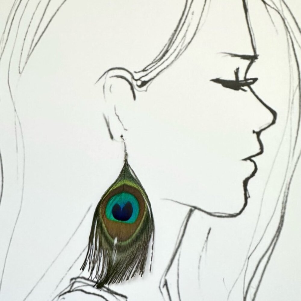 Peacock Feather Earrings Boho Chic Festival Jewelry - Picture 3 of 9